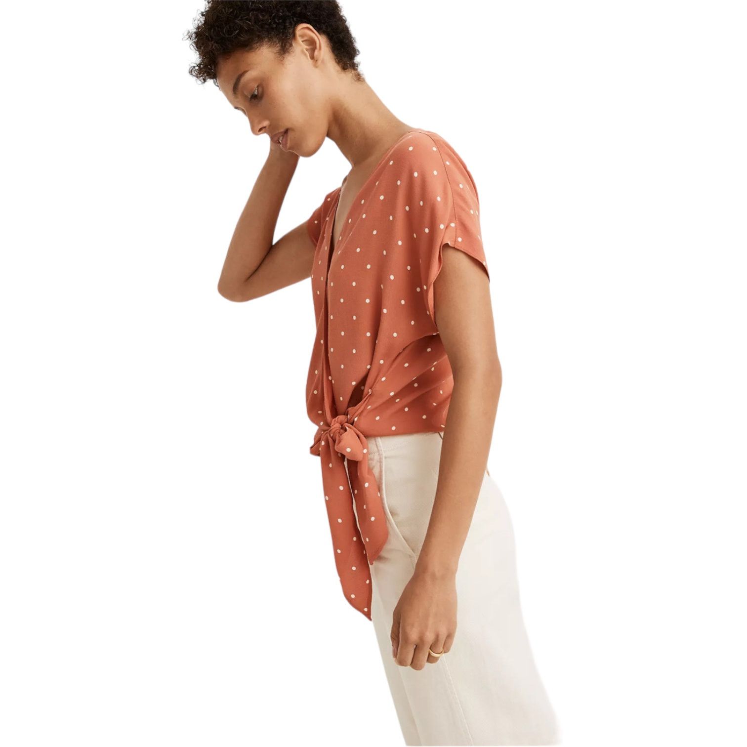 Madewell Madewell Women's XS Peach Sash-Tie Wrap Top in Polka Dot Size XS / US 0-2 / IT 36-38 - 2 Thumbnail