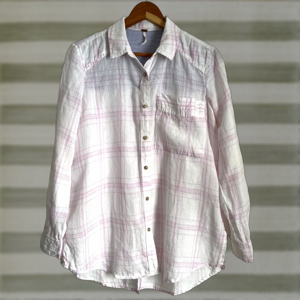 Free People VINTAGE Women's Free People No Limits Oversized Button-Up Linen Shirt Plaid XS White Pink Bohemian City Classic Casual 90s Mens Womens Girls Boys Size XS / US 0-2 / IT 36-38 - 1 Thumbnail