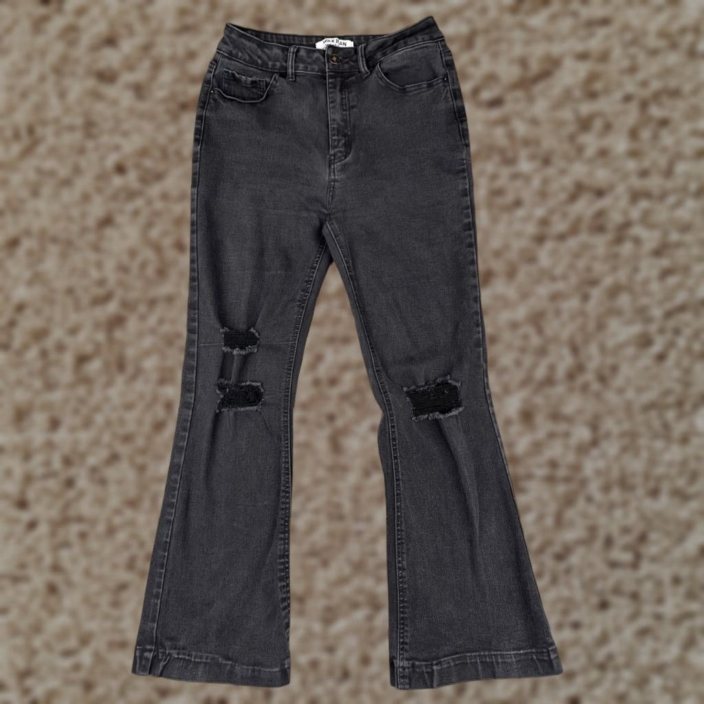Wax Jeans Jeans Flared 27x27 Black Denim Juniors 9 High Rise Distressed Cotton Blend Pocket 5-Pocket Womens Mens Girls