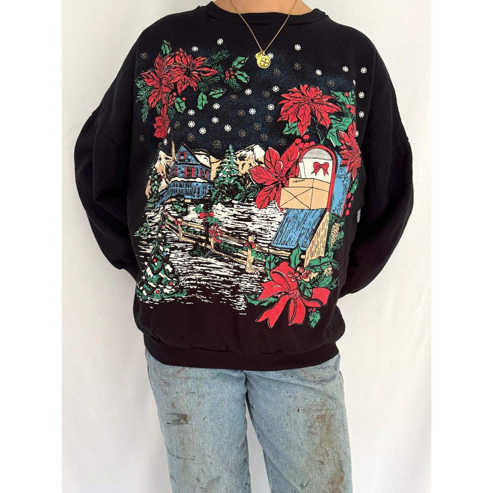 Cabin Creek 90s vintage black festive holiday scene pullover sweatshirt Size S / US 4 / IT 40 - 2 Thumbnail