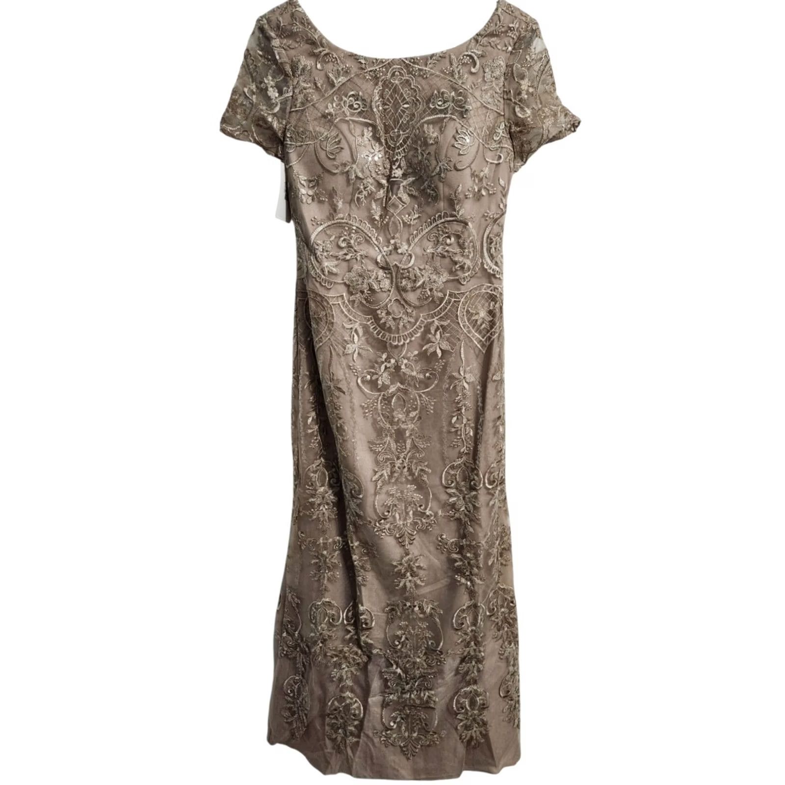 Vintage JJs House Womens 6 Floral Embroidered Midi Dress Short Sleeve Taupe Lace Dress Size 28" / US 6 / IT 42 - 2 Thumbnail