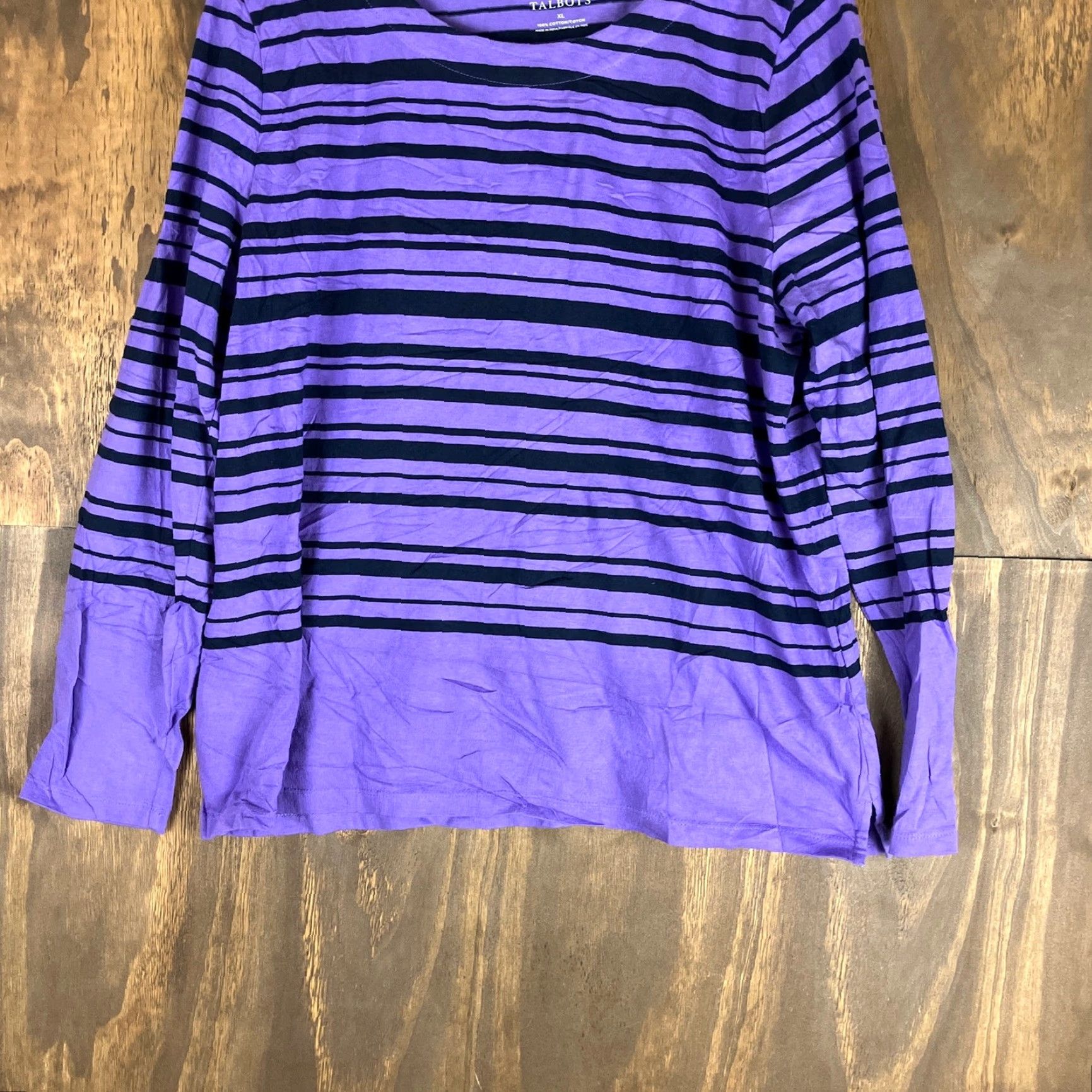 Talbots Talbots Women’s Shirt Purple Black Striped Long Sleeve Round Neck 100% Cotton XL Size XL / US 12-14 / IT 48-50 - 3 Thumbnail