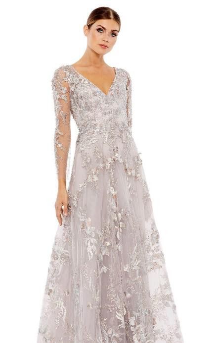 image of Designer Nwt! Mac Duggal Appliqued Long Sleeve A Line Gown Msrp $798 in Silver, Women's (Size 2XL)