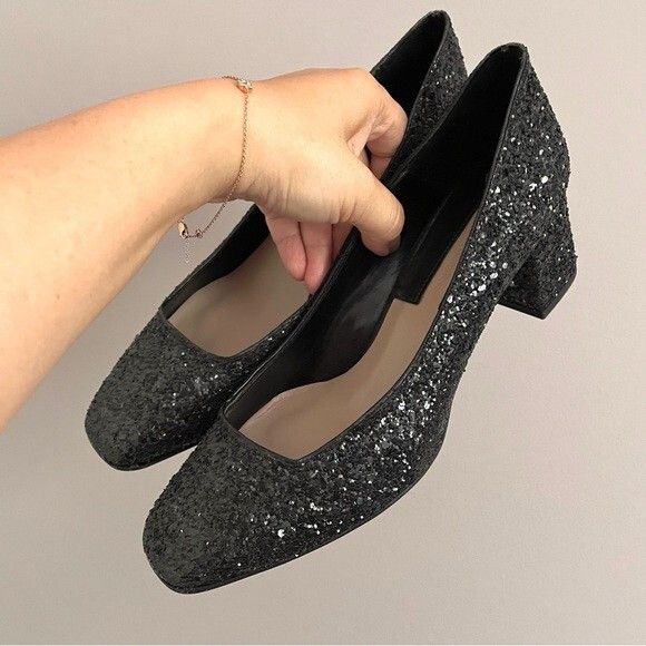 Zara Zara Black Glitter Block Heels - 36/5.5-6US, BNWOTs! 🇵🇹 Size US 6 / IT 36 - 4 Thumbnail