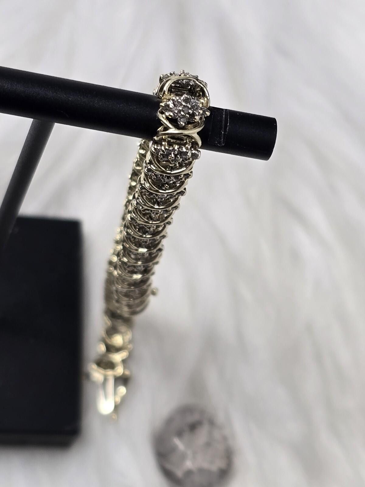 Other 10k Gold Natural Diamond Cluster Station Link Bracelet 7" Size ONE SIZE - 7 Thumbnail