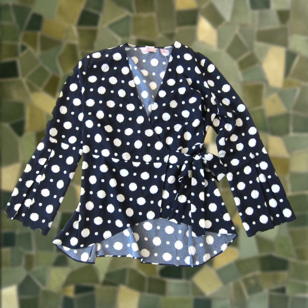 Vintage New Laurie Felt Blue White Polka Dot Long Flare Sleeve Wrap Blouse Women Small Size S / US 4 / IT 40 - 1 Thumbnail