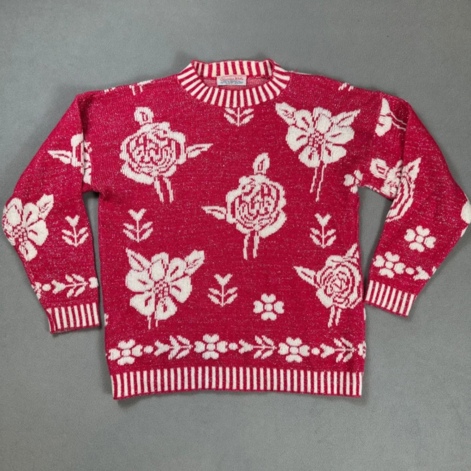 Other Vintage Glamour Knit Womens Sweater S Made in USA Red Floral Size S / US 4 / IT 40 - 1 Thumbnail