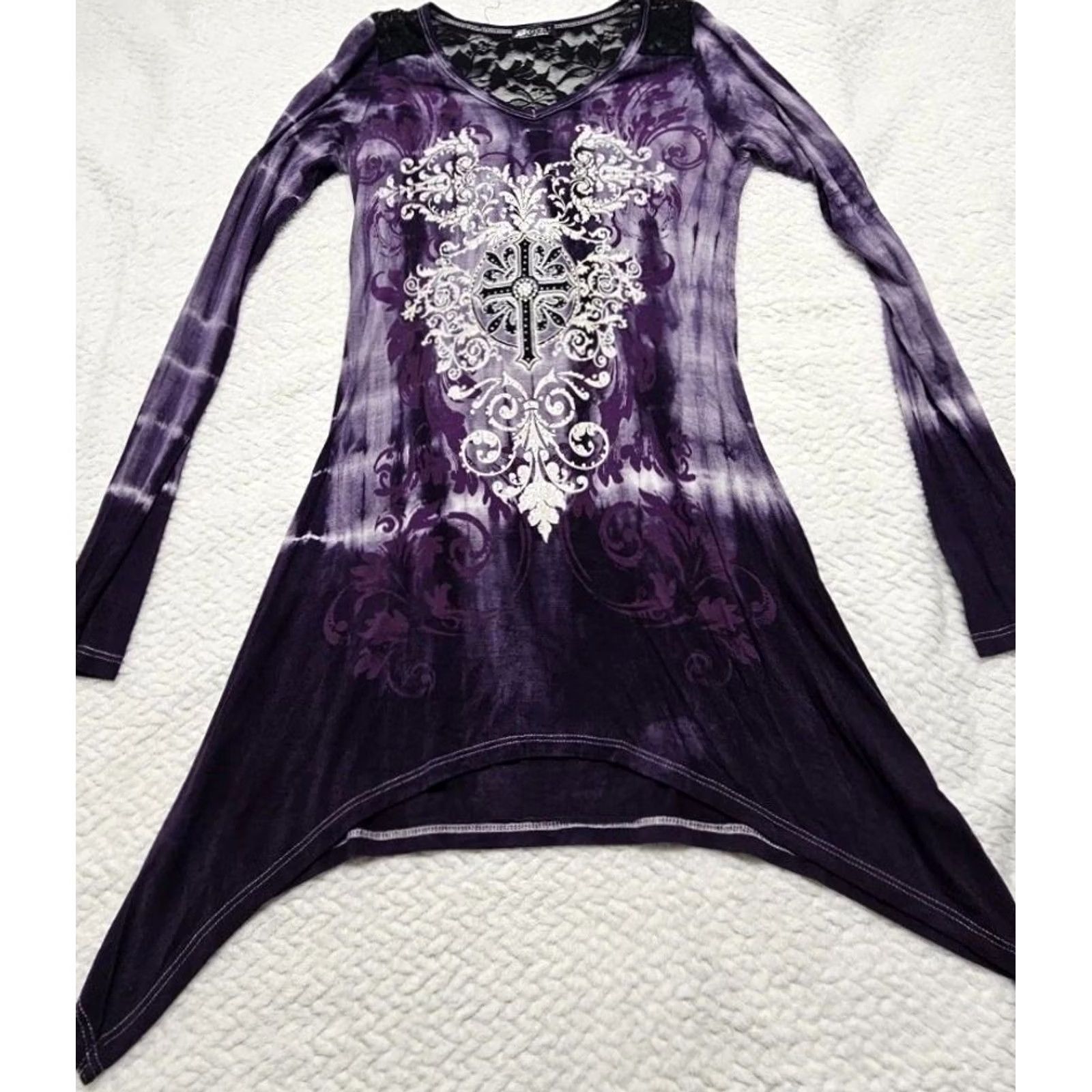 Vintage Y2K Women’s Lace Inserts Gothic Cross Rhinestones Royal Purple USA Small Shirt Womens Purple Lace Blouse Rhinestone USA 90s Gothic Size S / US 4 / IT 40 - 2 Thumbnail