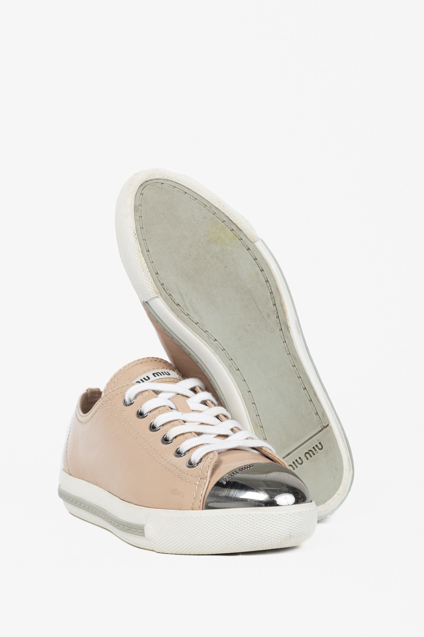 Miu Miu Miu Miu Nude Patent-Leather Cap-Toe Lace-Up Sneakers Size US 4.5 / IT 34.5 - 4 Thumbnail