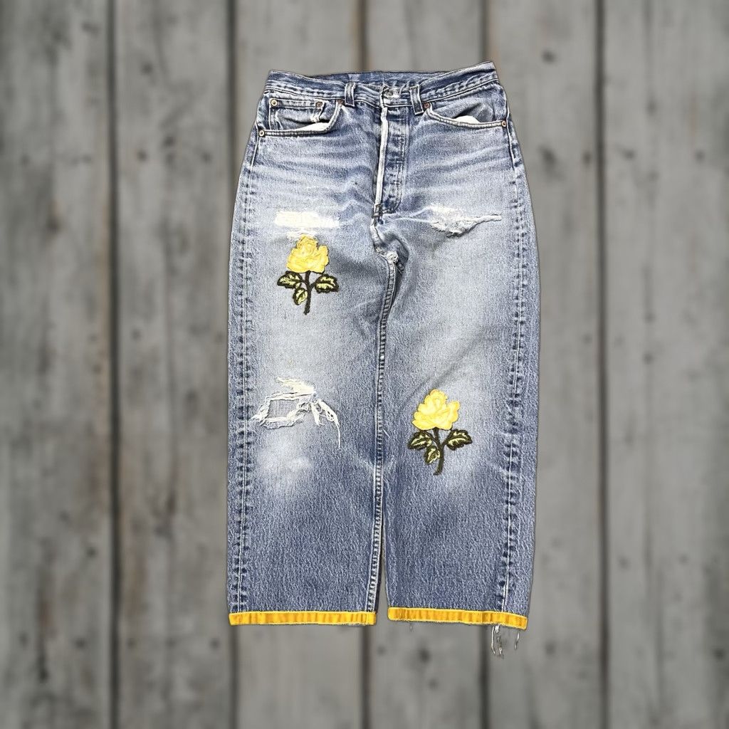 VTG Levi's 501 Jeans Patchwork Floral Embroidery Distressed Straight Fit Men 30x26 Blue 501 Mens Jeans