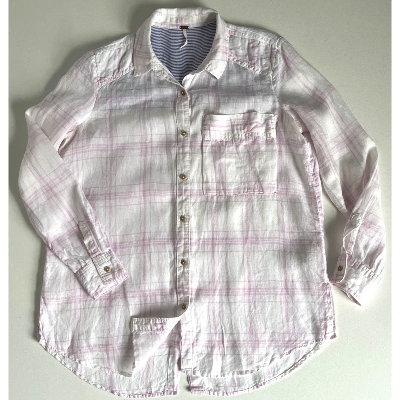 Free People VINTAGE Free People Women's No Limits Oversized Button-Up Linen Shirt Plaid XS White Pink Bohemian 90s Womens Size XS / US 0-2 / IT 36-38 - 3 Thumbnail
