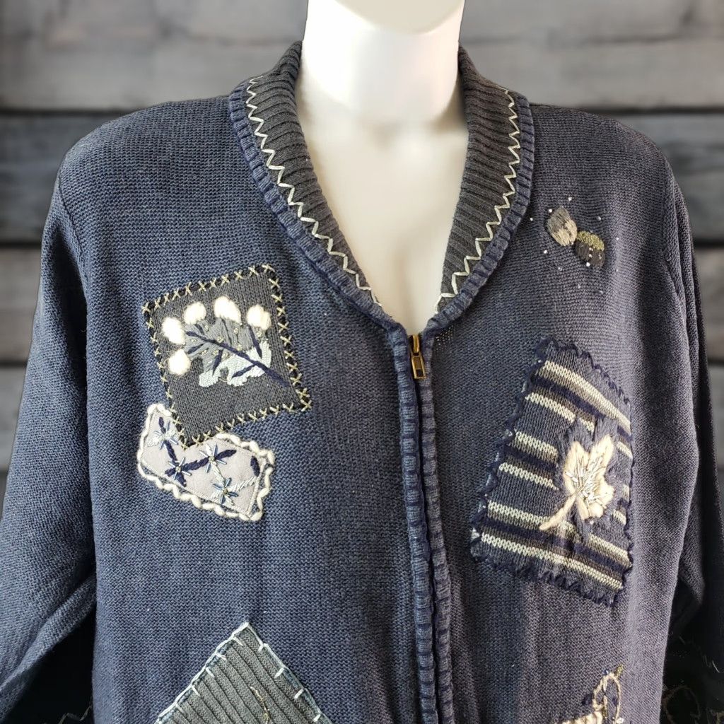 Vintage Susan Graver Graver Studio Womens Full Zip Sweater 2X Blue Gray Fall Leaves Cotton Blend Knit Long Sleeve Autumn Womens Size XXL / US 16-18 / IT 52-54 - 1 Thumbnail
