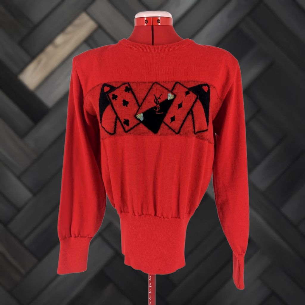 Yves Saint Laurent VINTAGE Yves Saint Laurent Tricots Poker Cards Logo Red Sweater Rive Gauche Womens M Pullover Long Sleeve 90s Size M / US 6-8 / IT 42-44 - 1 Thumbnail