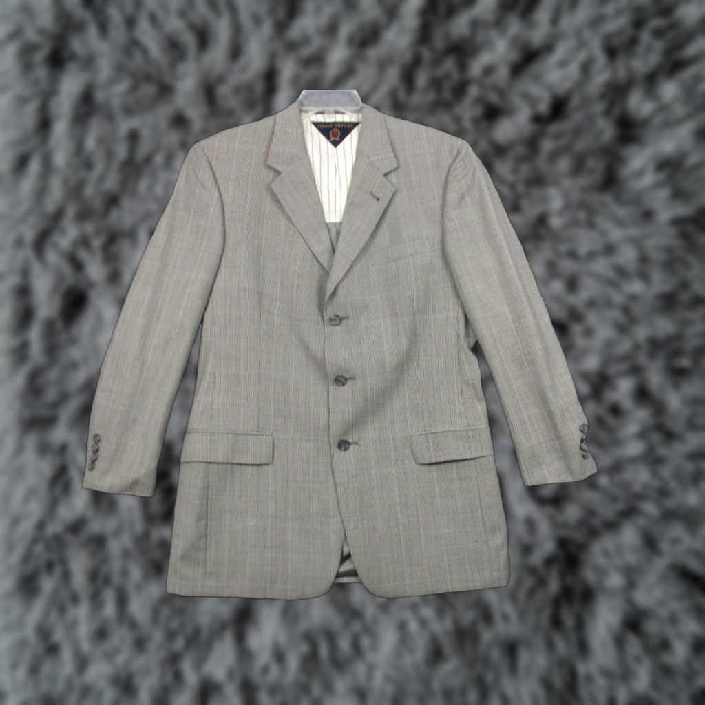 Tommy Hilfiger VINTAGE Tommy Hilfiger Mens Blazer Sport Coat Houndstooth Windowpane Gray 90s Made USA 3-Button Notch Lapel Regular 2 Piece Size 46R - 1 Thumbnail