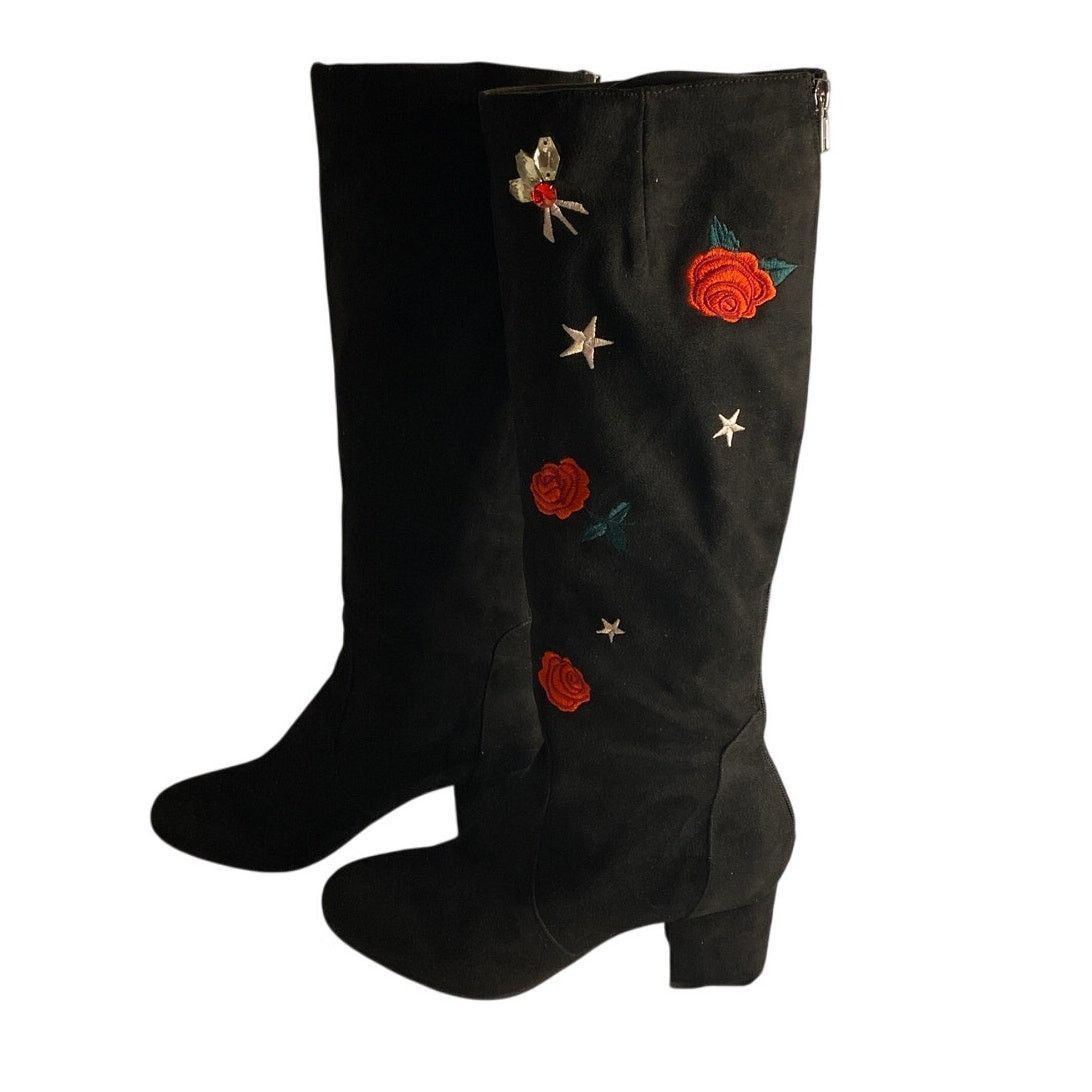 Betsey Johnson Boho Floral Embroidered Black Tall Boots Betsey Johnson 10M Size US 10 / IT 40 - 2 Thumbnail