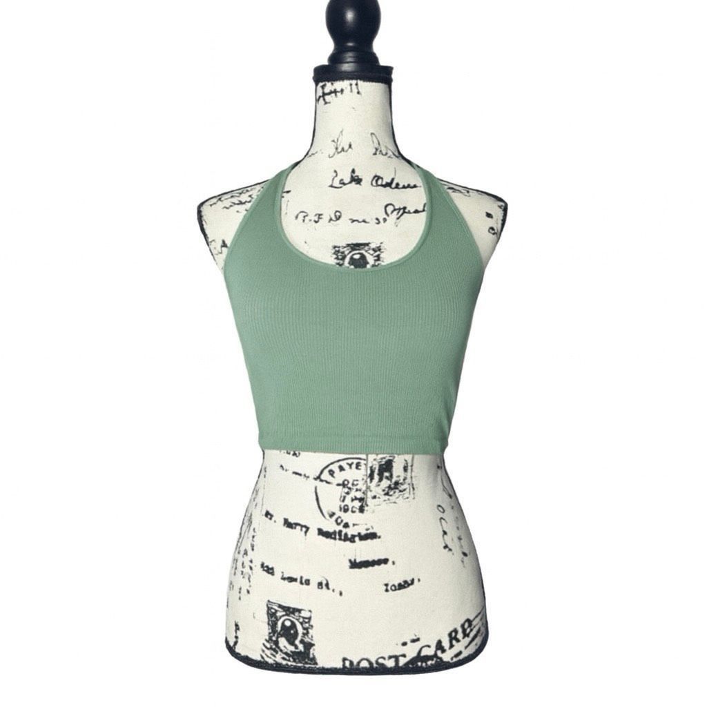 Shein SHEIN Sage Green Ribbed Halter Crop Top - Size S Size S / US 4 / IT 40 - 1 Thumbnail