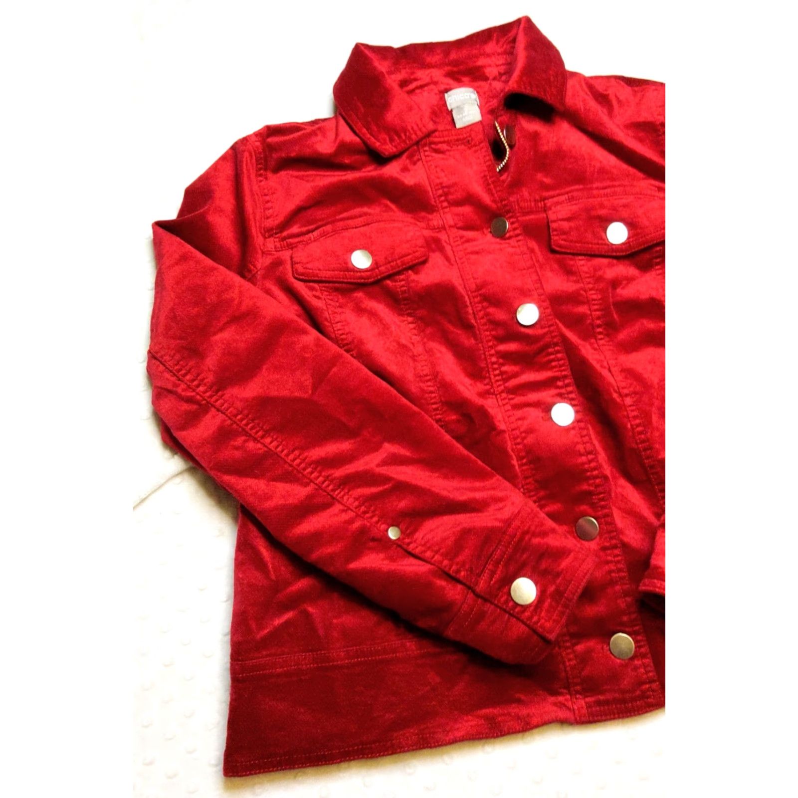Vintage CHICO'S RED VELVET DENIM JACKET - SHORT - Lined - SZ 12/14 - WOMEN - Velvet Jacket - Casual / Party - 2010s (if decade) Size XL / US 12-14 / IT 48-50 - 3 Thumbnail