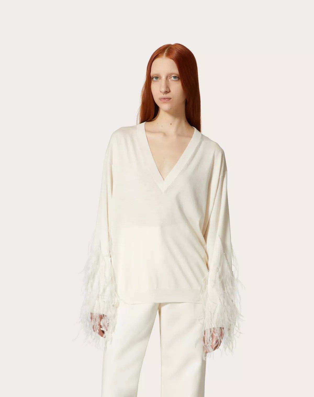 Valentino o1s1wg110426 Wool Jumper With Feathers in White Size L / US 10 / IT 46 - 5 Thumbnail