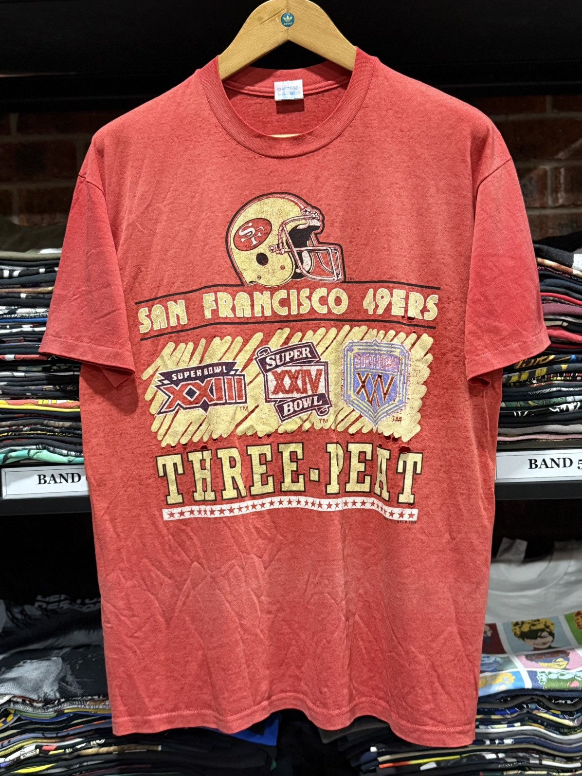 Vintage NFL 49ERS Three Peat Thashed Paper Thin Tee