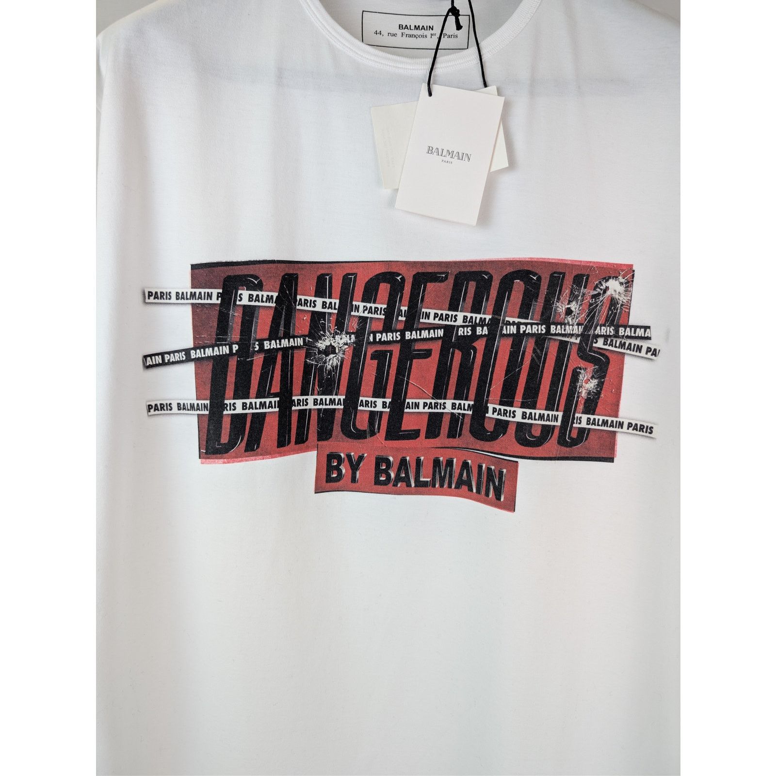 Balmain o1rshd1 Dangerous Print Cotton Crewneck T-Shirt in White Size US S / EU 44-46 / 1 - 8 Thumbnail