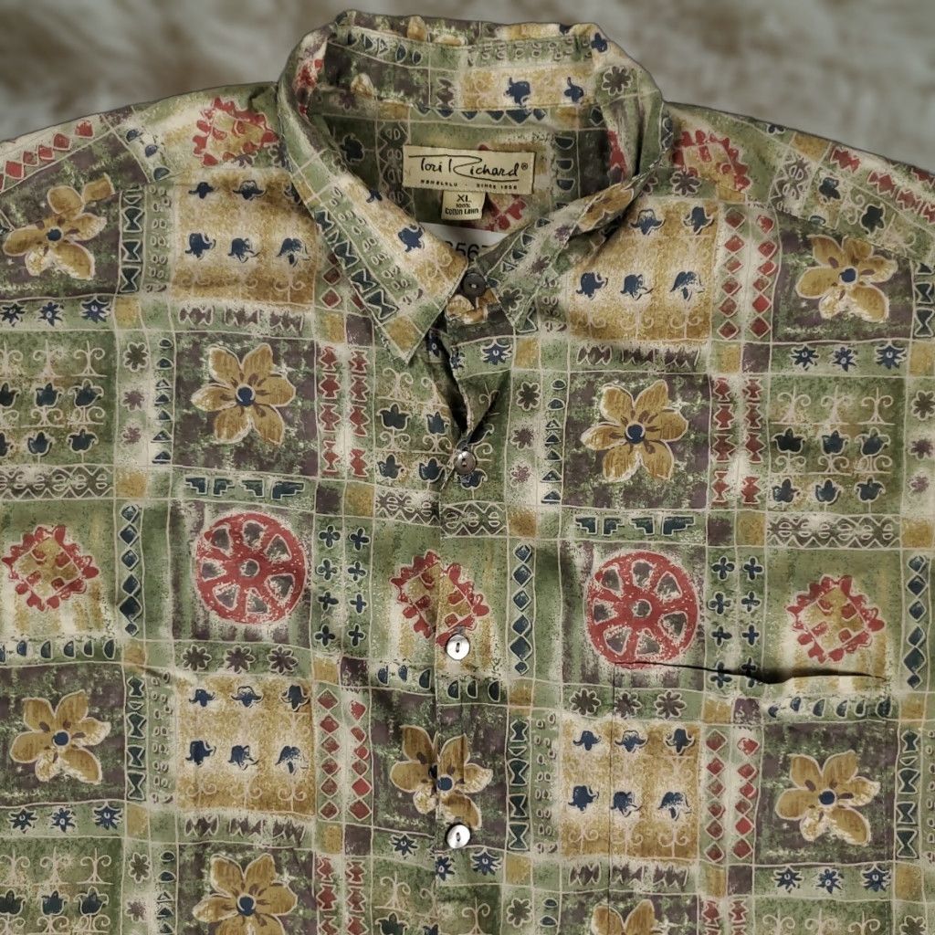 Tori Richard Tori Richard Shirt Mens XL Green Geometric Casual Button-Up Short Sleeve Shirt Size US XL / EU 56 / 4 - 1 Thumbnail