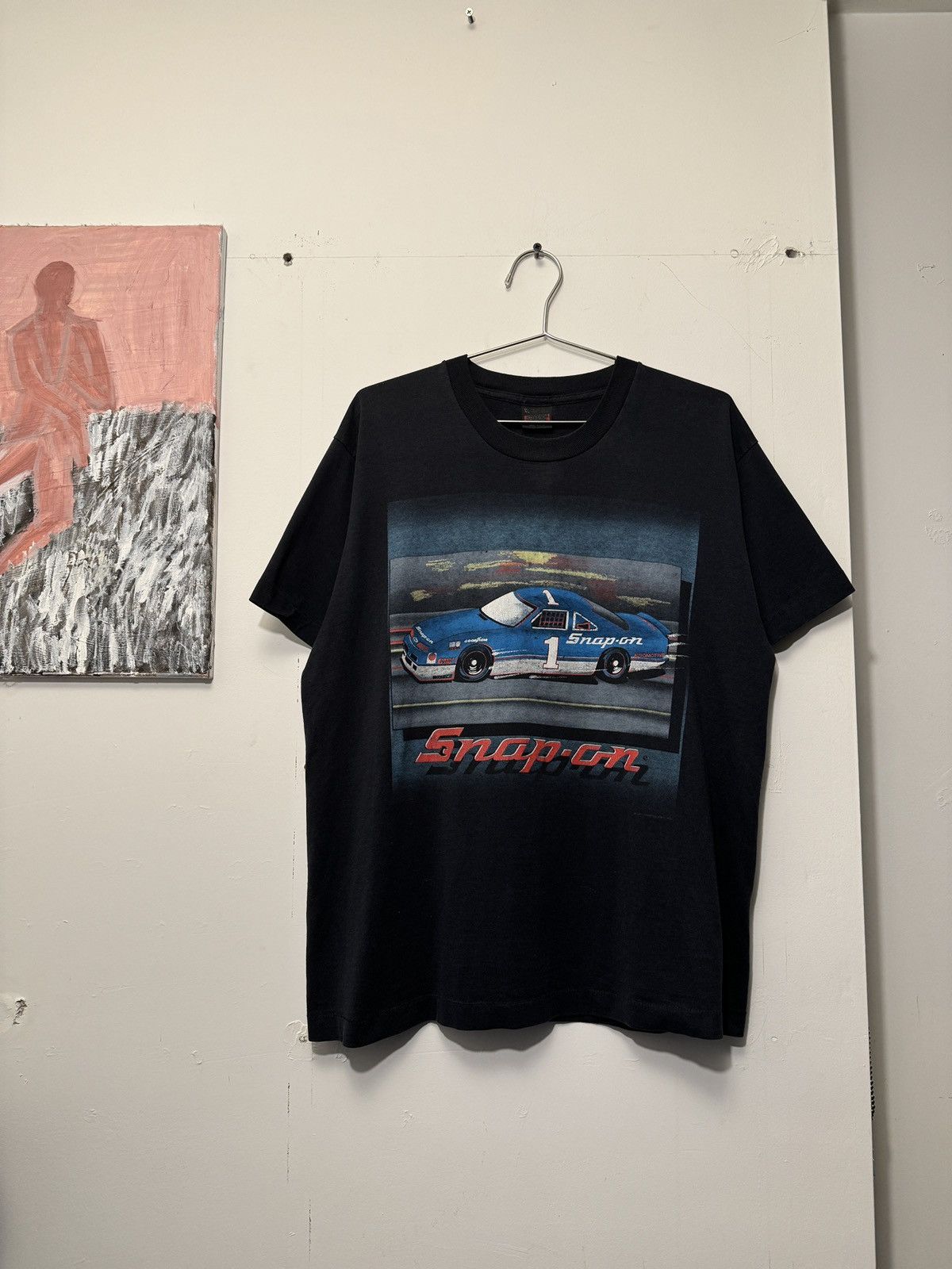 image of 90's Faded Snap On Racing Race Car Tee Shirt in Black, Men's (Size XL)