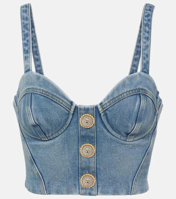 Balmain o1s1wg110725 Cropped Denim Bustier in Blue Size XL / US 12-14 / IT 48-50 - 1 Thumbnail