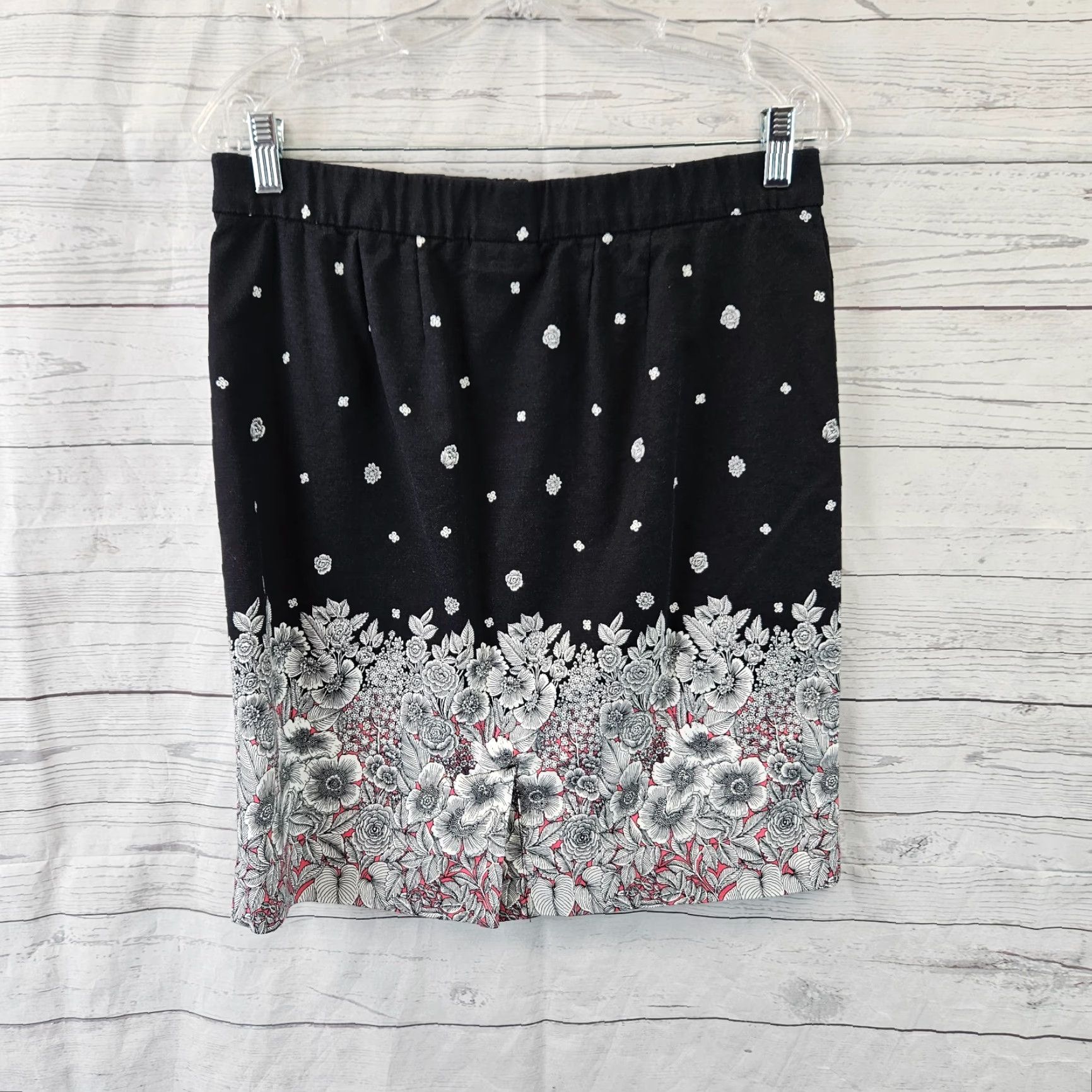 J. Jill J Jill Womens Pencil Skirt 8 Black Pink Floral Pull On Cotton Blend Skirt Womens Size 30" / US 8 / IT 44 - 2 Thumbnail