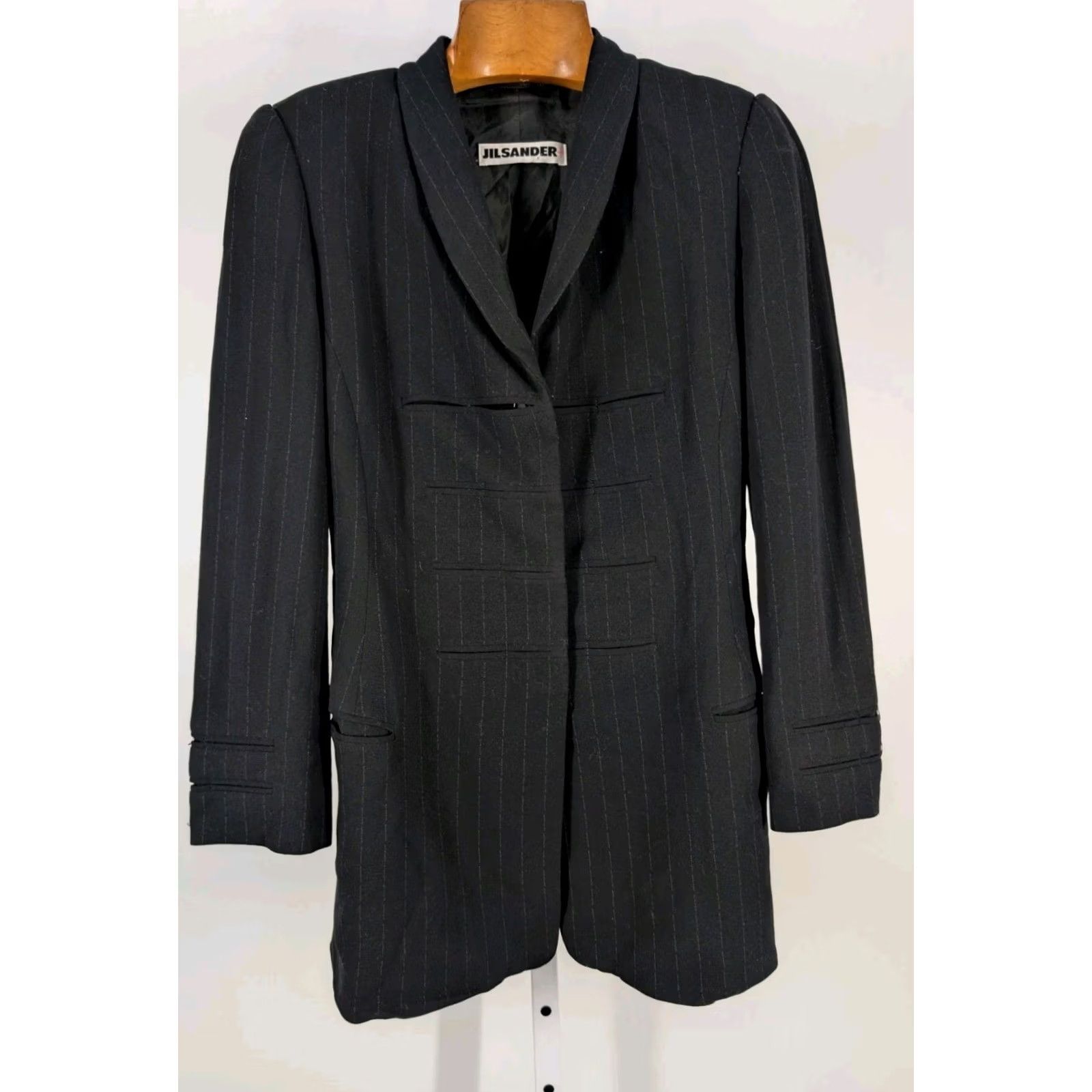 Jil Sander VINTAGE Jil Sander Blazer Jacket Wool Crepe Black Striped Long 36 Womens 90s German Party/Cocktail Business Casual Formal Travel Size XS / US 0-2 / IT 36-38 - 3 Thumbnail