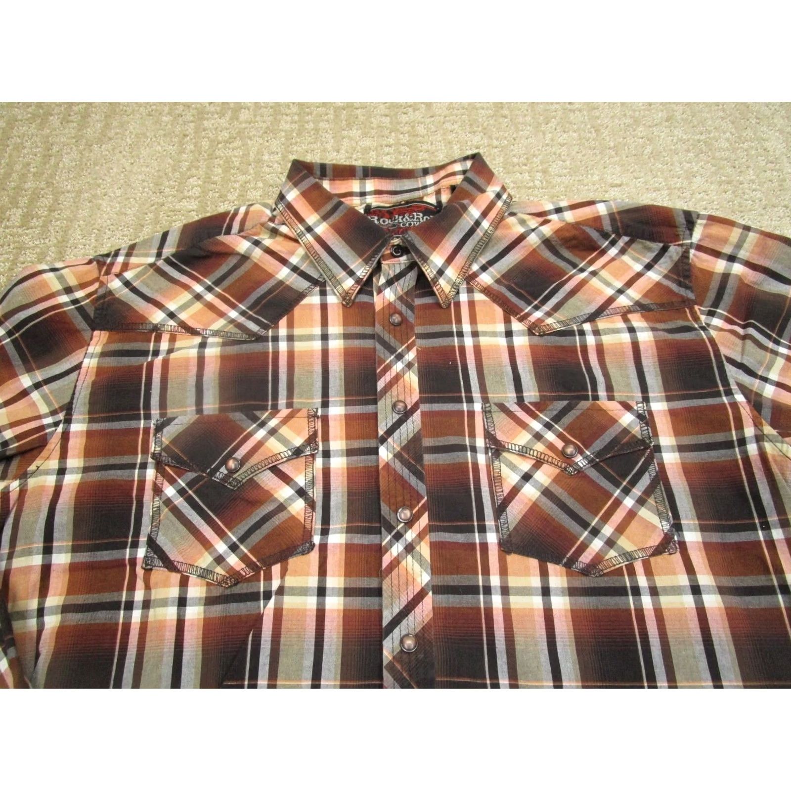 Vintage Rock and Roll Cowboy Shirt XL Brown Plaid Long Sleeve Pearl Snap Western Button-Up Mens Size US XL / EU 56 / 4 - 2 Thumbnail