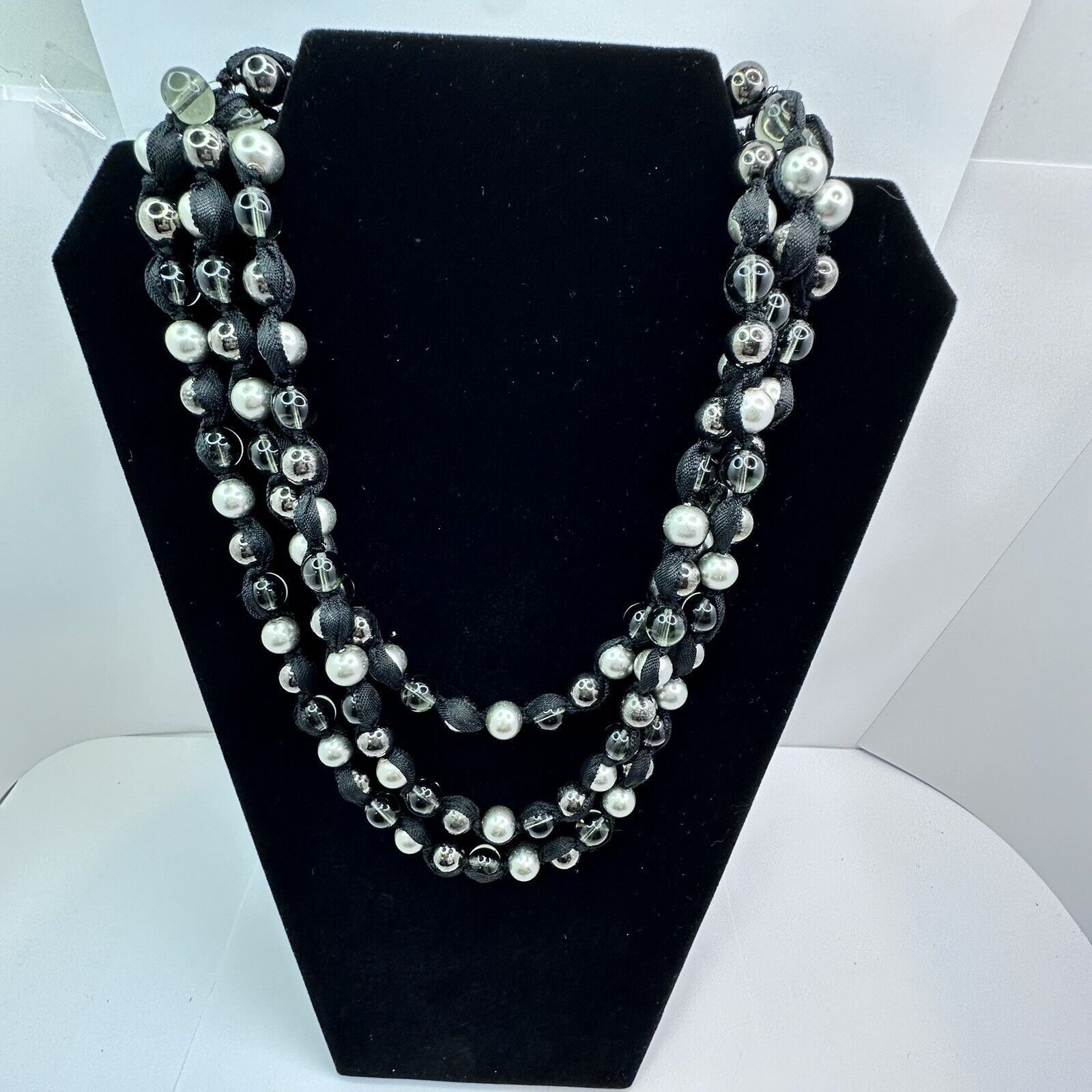 Other MultiStrand Ribbon Necklace Silver Blk Clear Glass Beads 22" Size ONE SIZE - 8 Thumbnail