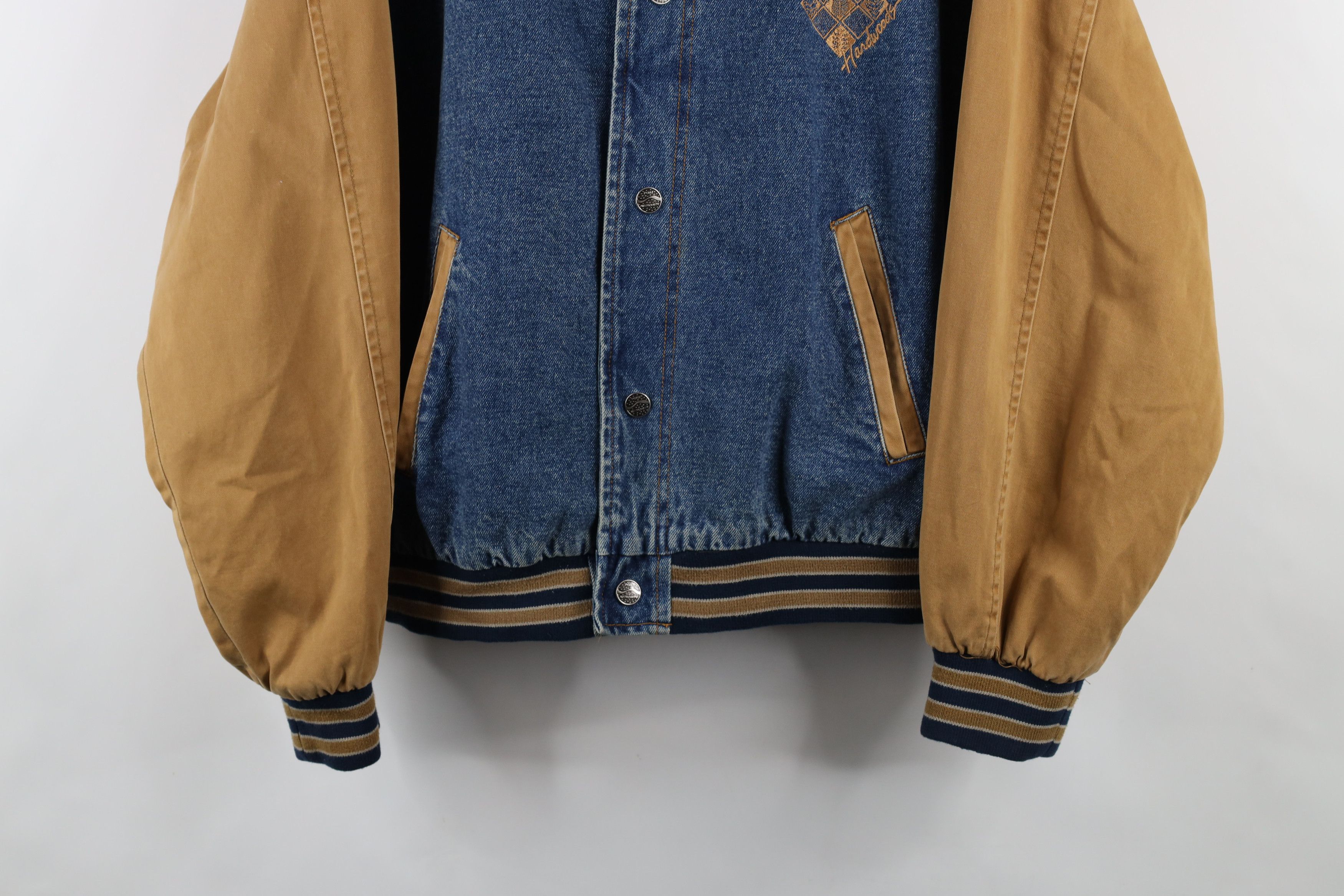 Vintage Vintage 90s Streetwear Eugene Hardwoods Denim Varsity Jacket Size US L / EU 52-54 / 3 - 3 Thumbnail