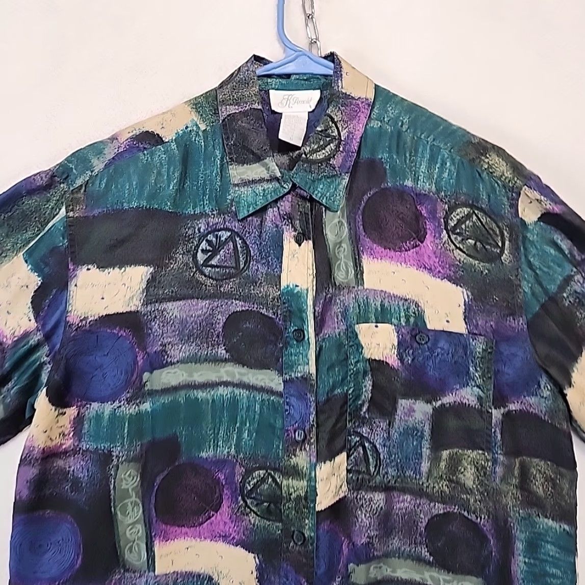 Vintage K. Arnold 100% Silk Women's M Blouse Purple Tan Graphic 80's Print Shoulder Pad Shirt Womens M Purple Tan Graphic 80s Silk Blouse Size M / US 6-8 / IT 42-44 - 2 Thumbnail