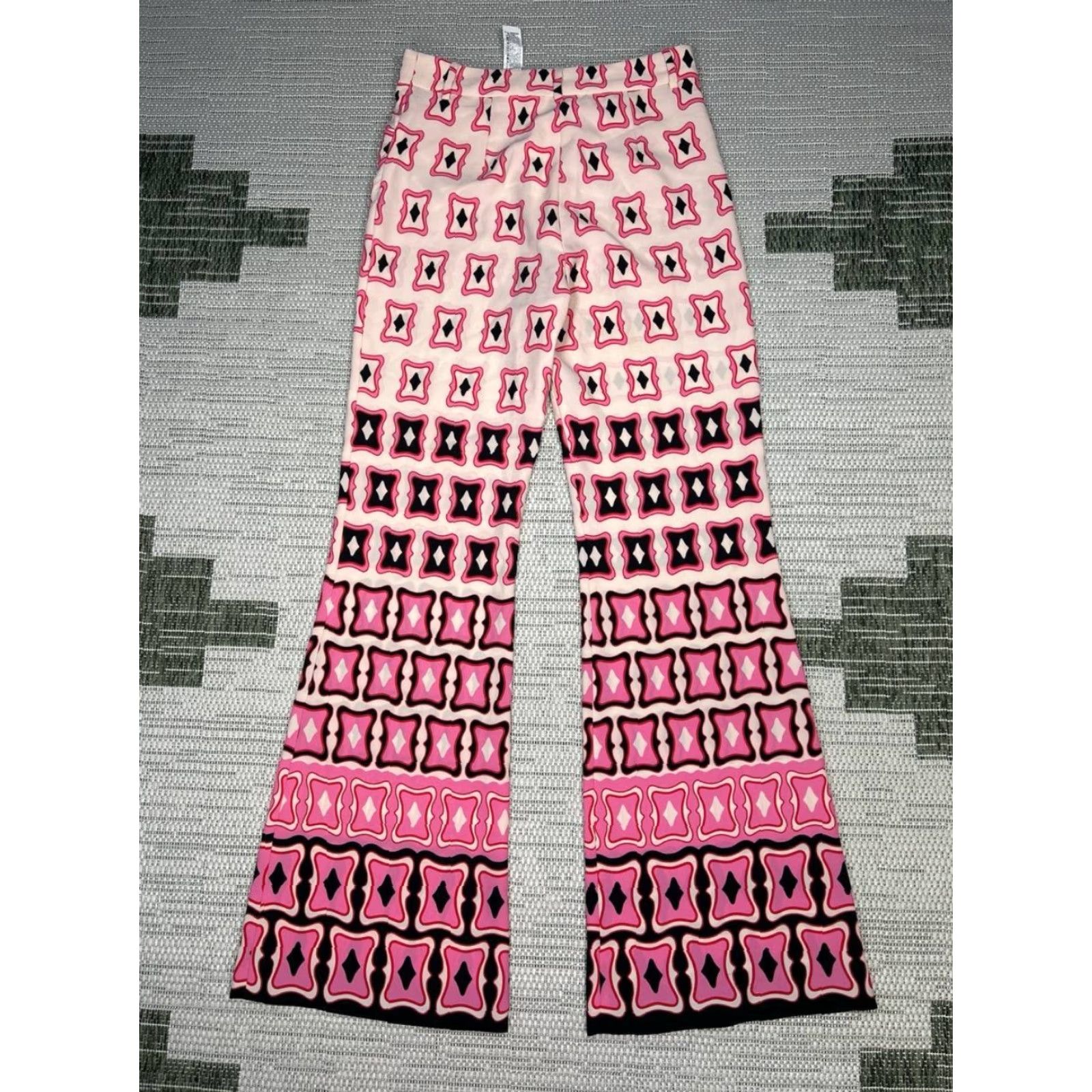 Zara Zara High Waisted Flared Leg Pants Womens Medium Pink Geometric Print Stretch Pants Size 32" / US 10 / IT 46 - 2 Thumbnail