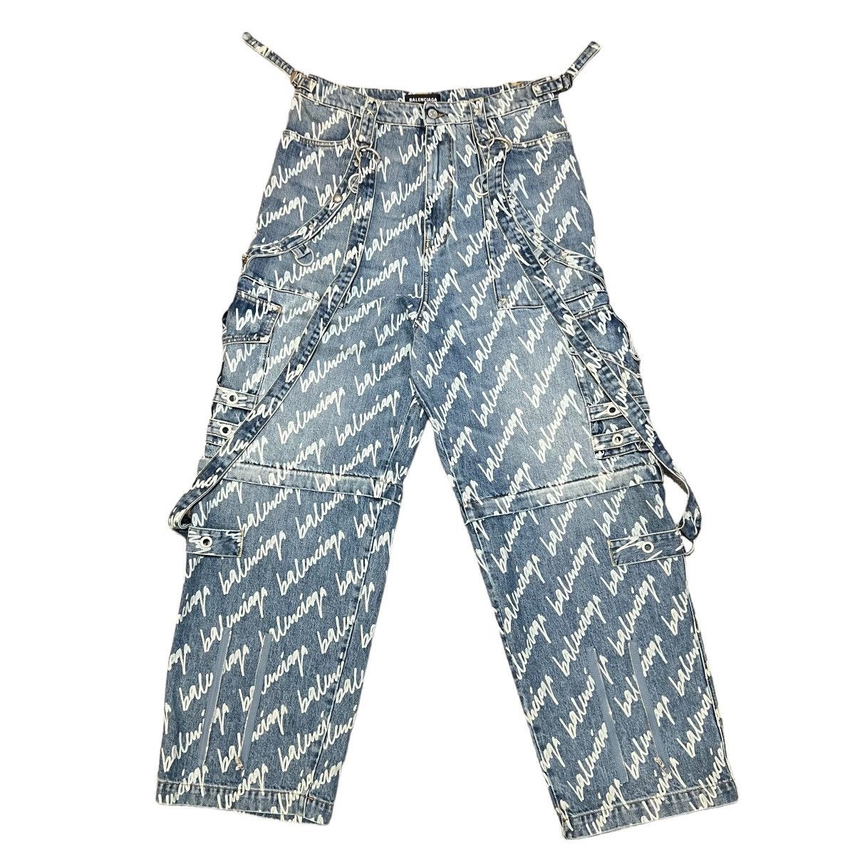Image of Balenciaga 2022Aw All Over Logo Raver Jeans in Indigo Denim, Men's (Size 33)