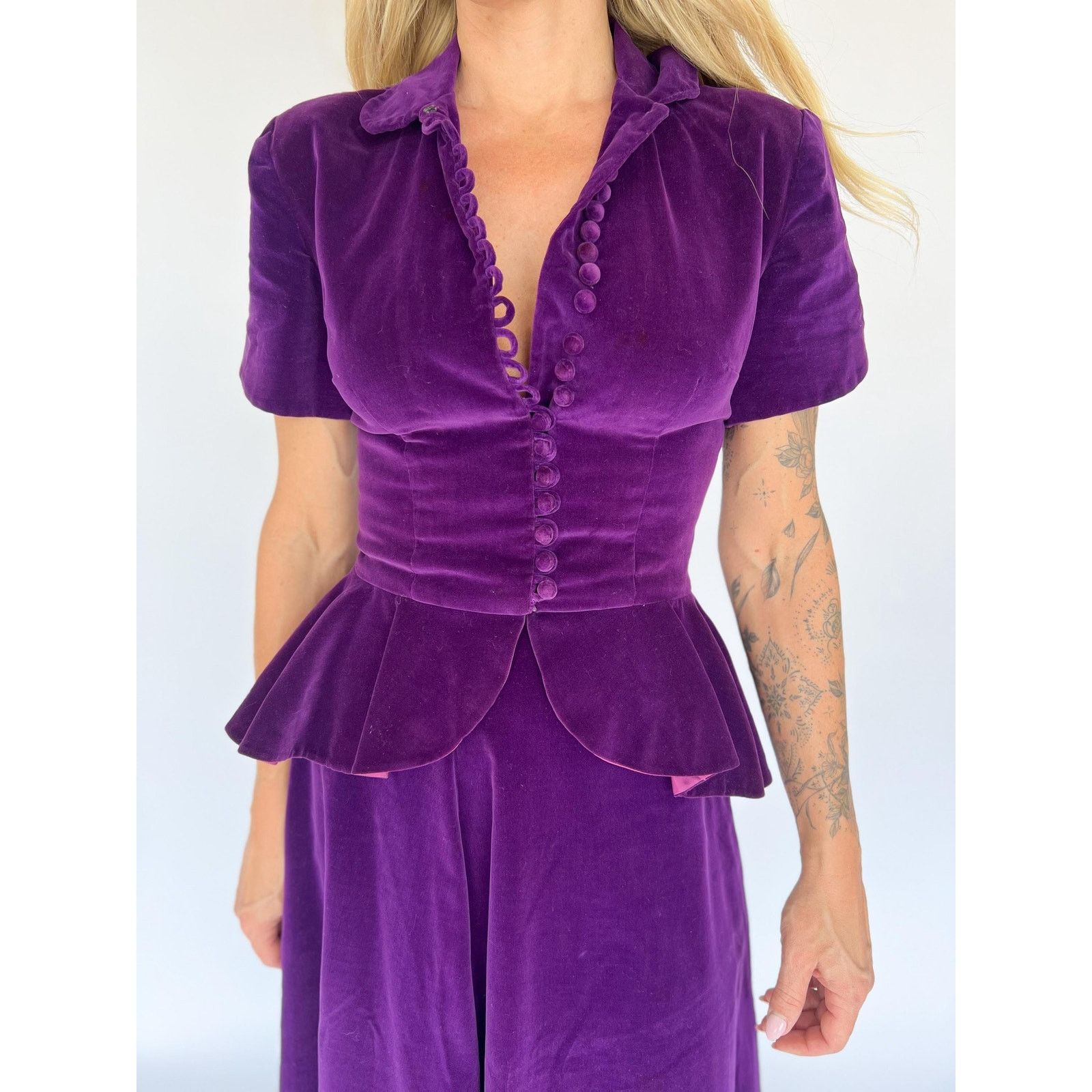 Vintage VTG 40s Steampunk Prple Velvet Peplum Top Skirt Hollywood XS Size XS / US 0-2 / IT 36-38 - 3 Thumbnail