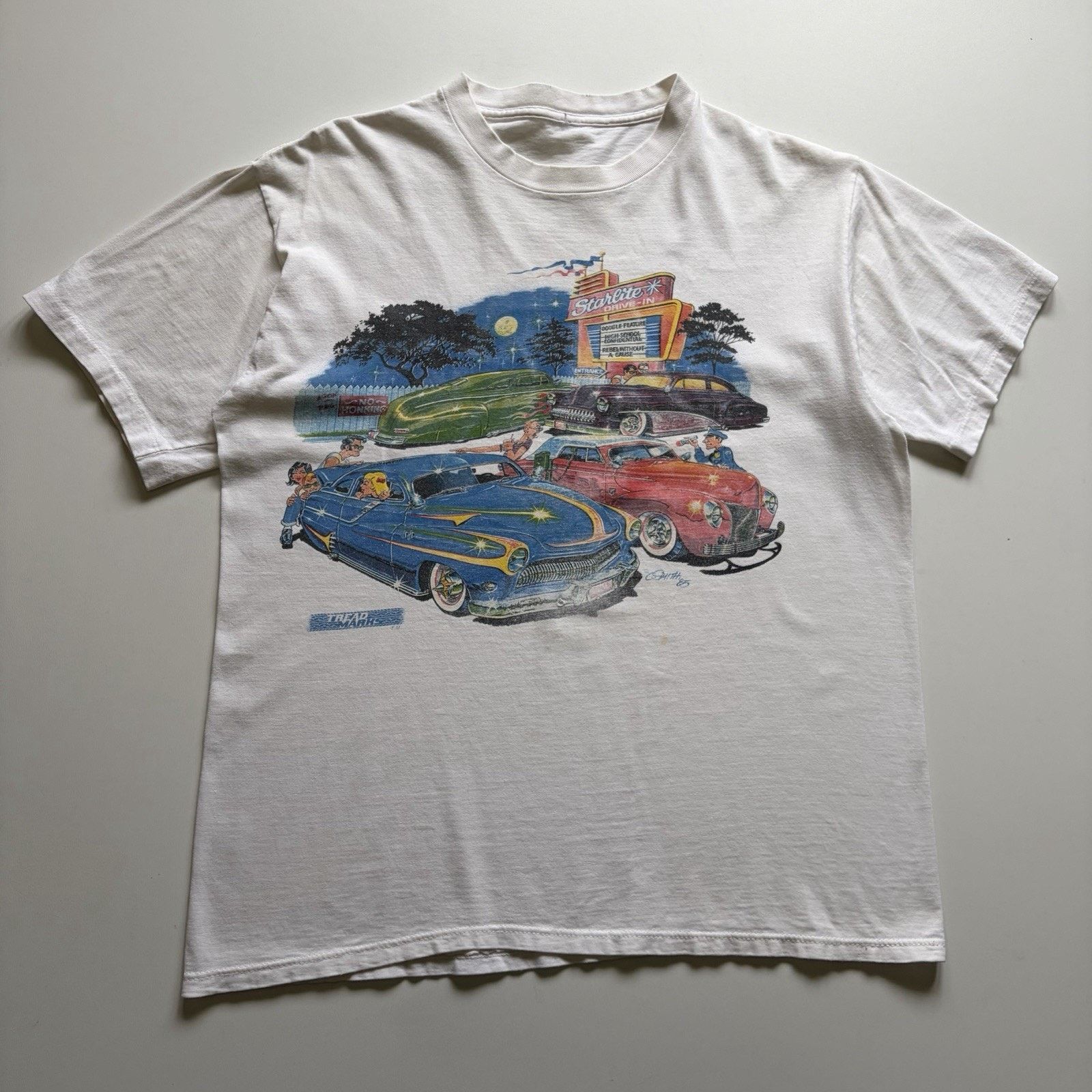 Vintage 80s Tread Marks Drive In Art Shirt Medium White Rare