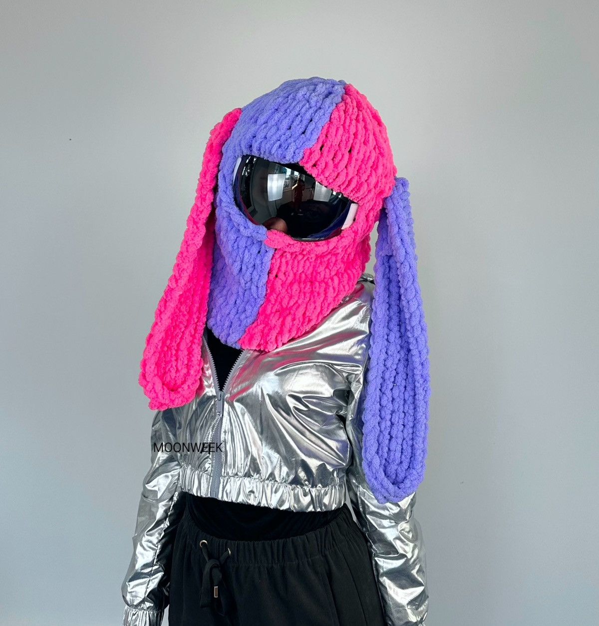 Handmade Bunny helmet cover balaclava with ears . Pink Ski mask Size ONE SIZE - 3 Thumbnail