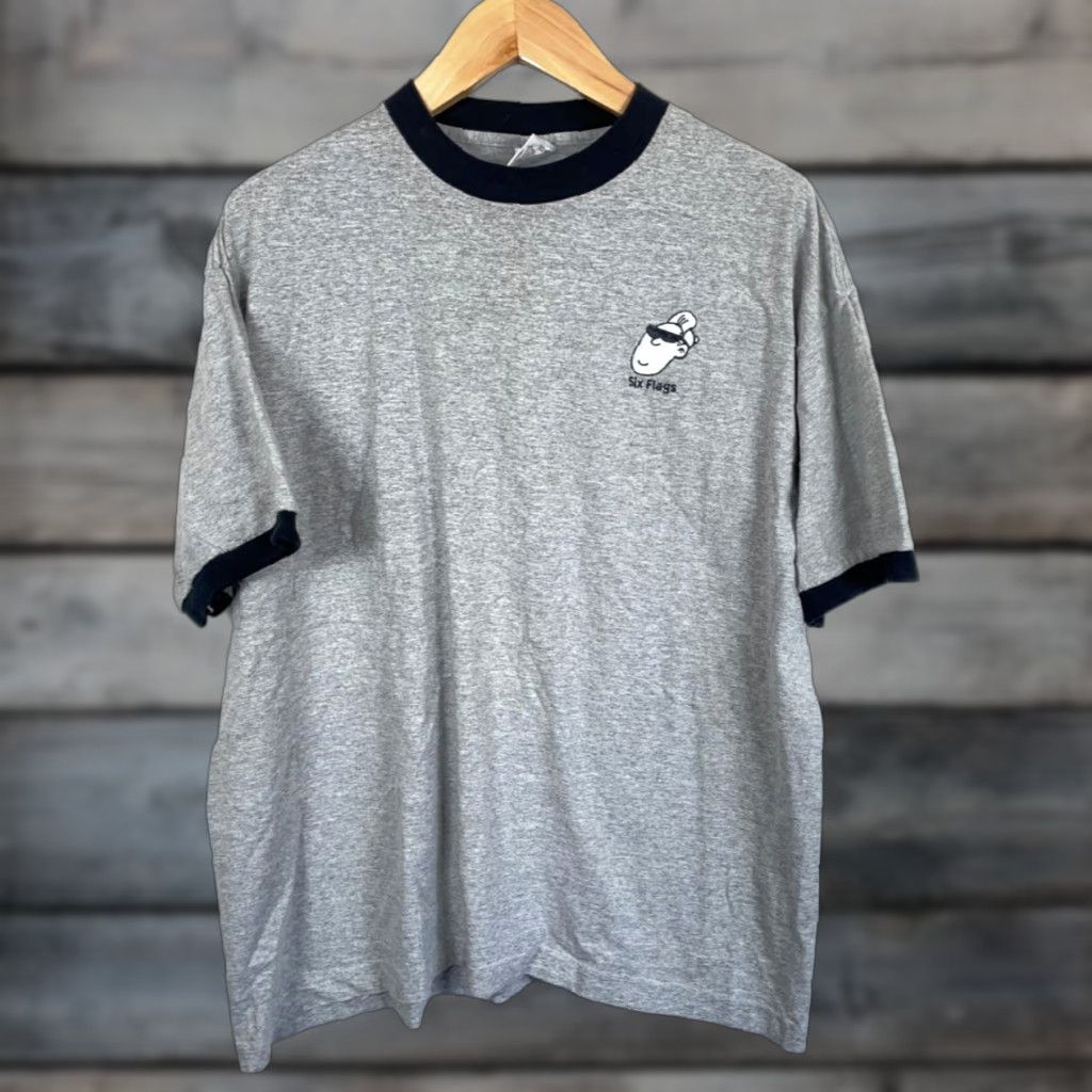 Vintage VINTAGE Six Flags T-Shirt Embroidered USA Made 2000s Ringer Gray 2X Big & Tall Men Mens Short Sleeve Crew Neck Cotton Blend Jersey Logo 90s Retro VTG Size US XXL / EU 58 / 5 - 1 Thumbnail