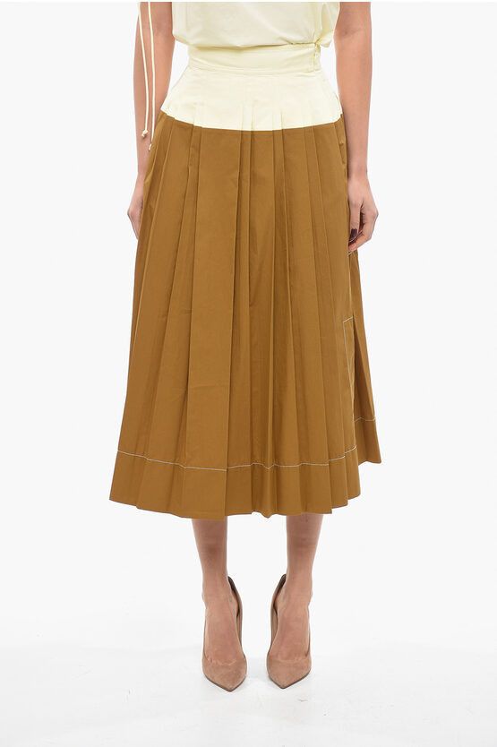 image of Tory Burch Two Tone Popeline Cotton Accordion Skirt in Brown, Women's (Size Small)