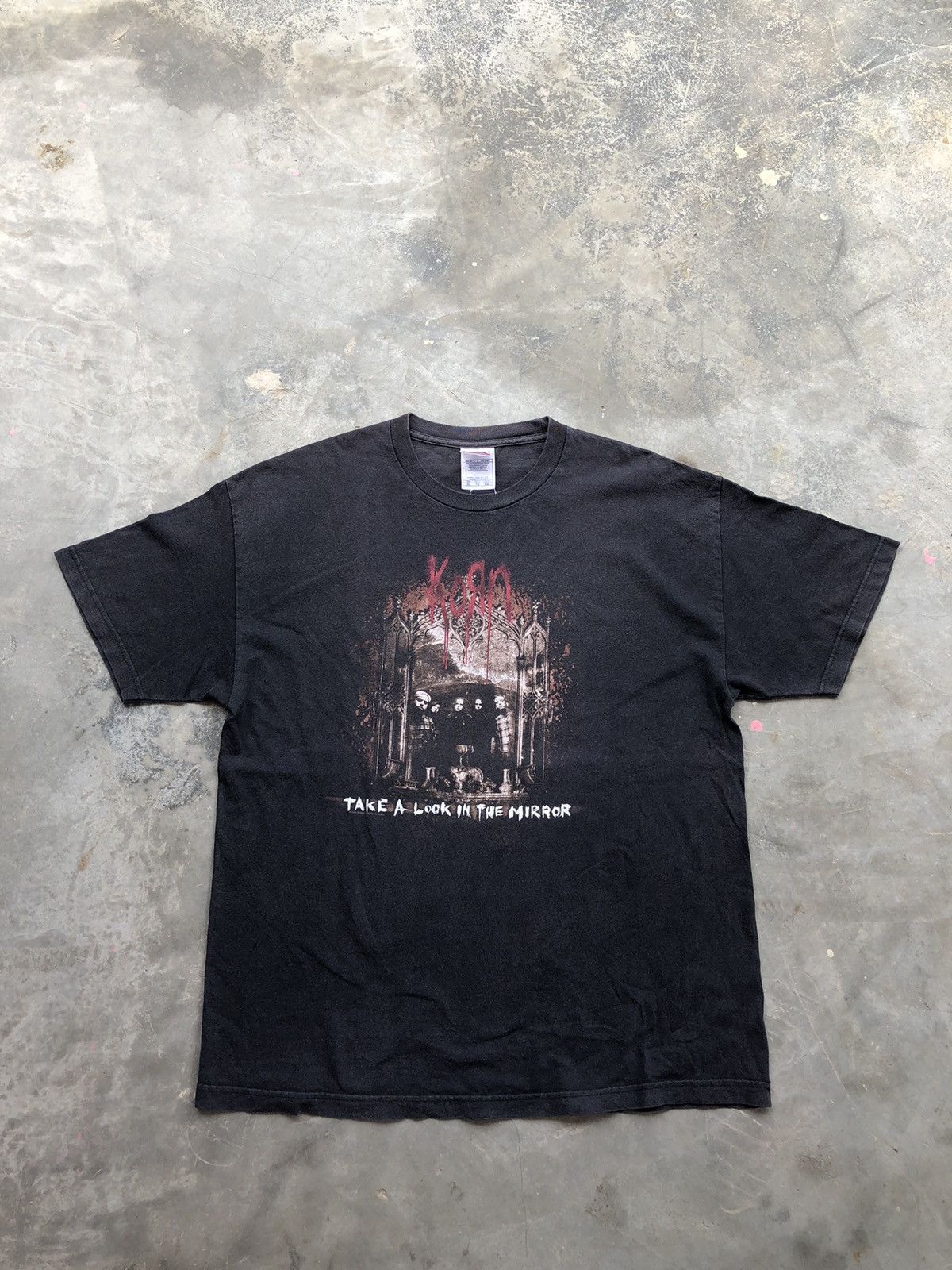 image of Band Tees x Giant Vintage 00S Korn Band Tee T Shirt Wording Streetwear in Faded Black (Size XL)