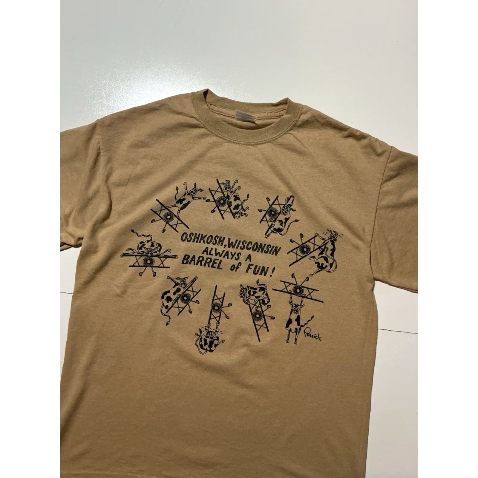 Gildan OshKosh Wisconsin Always Barrel Fun Flying Cows Plane Aviation Graphic T-Shirt M Mens Beige Size US M / EU 48-50 / 2 - 3 Thumbnail