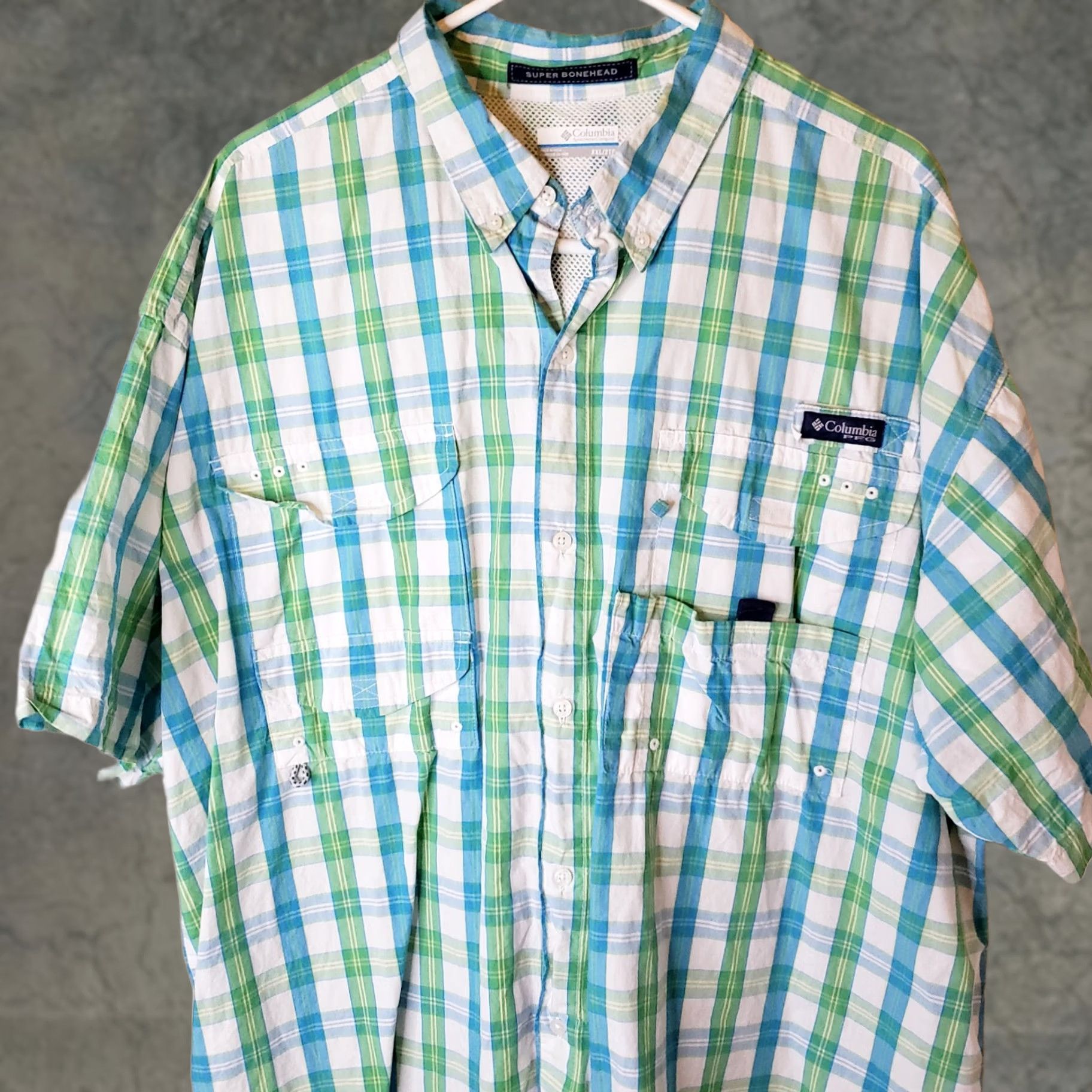 Vintage Columbia PFG Super Bonehead Fishing Shirt XXL Blue Green Plaid Short Sleeve Button-Up Mens 2XL Size US XXL / EU 58 / 5 - 1 Thumbnail