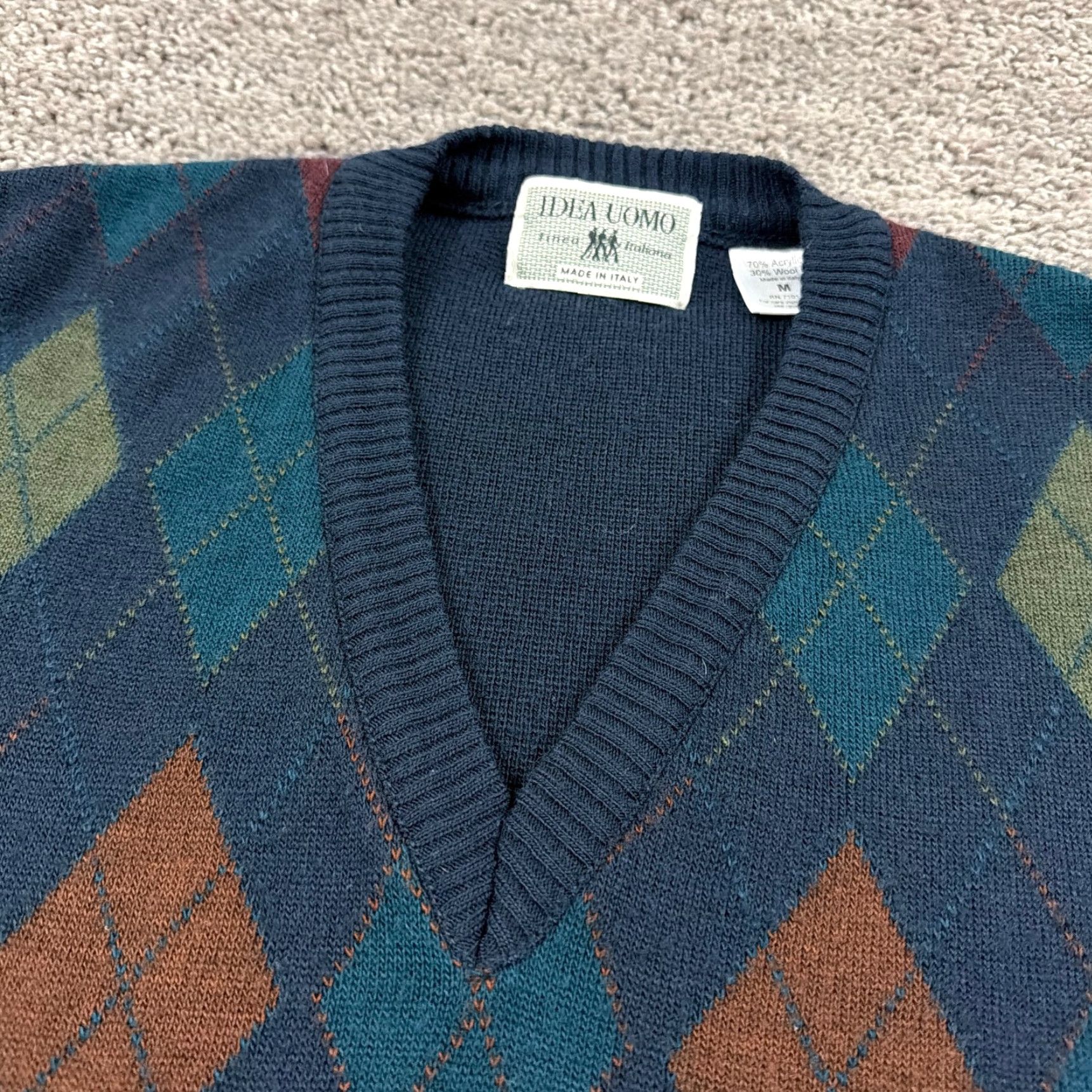 IDEA Idea Uomo Sweater Vest Mens M Blue Wool Argyle V Neck Pullover Made in italy Size US M / EU 48-50 / 2 - 2 Thumbnail