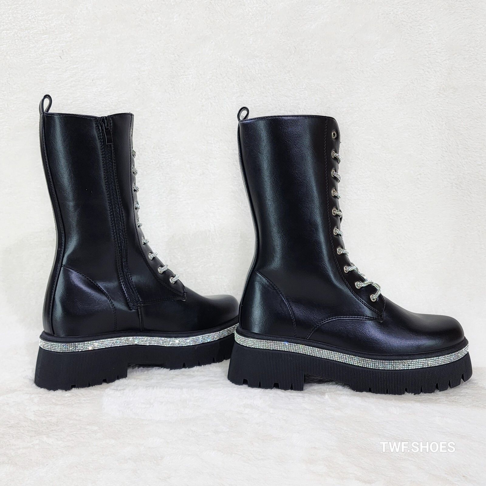 Other Combat Sparkle Mid Calf Rhinstone Platform & Laces Biker Gla Size US 7 / IT 37 - 6 Thumbnail