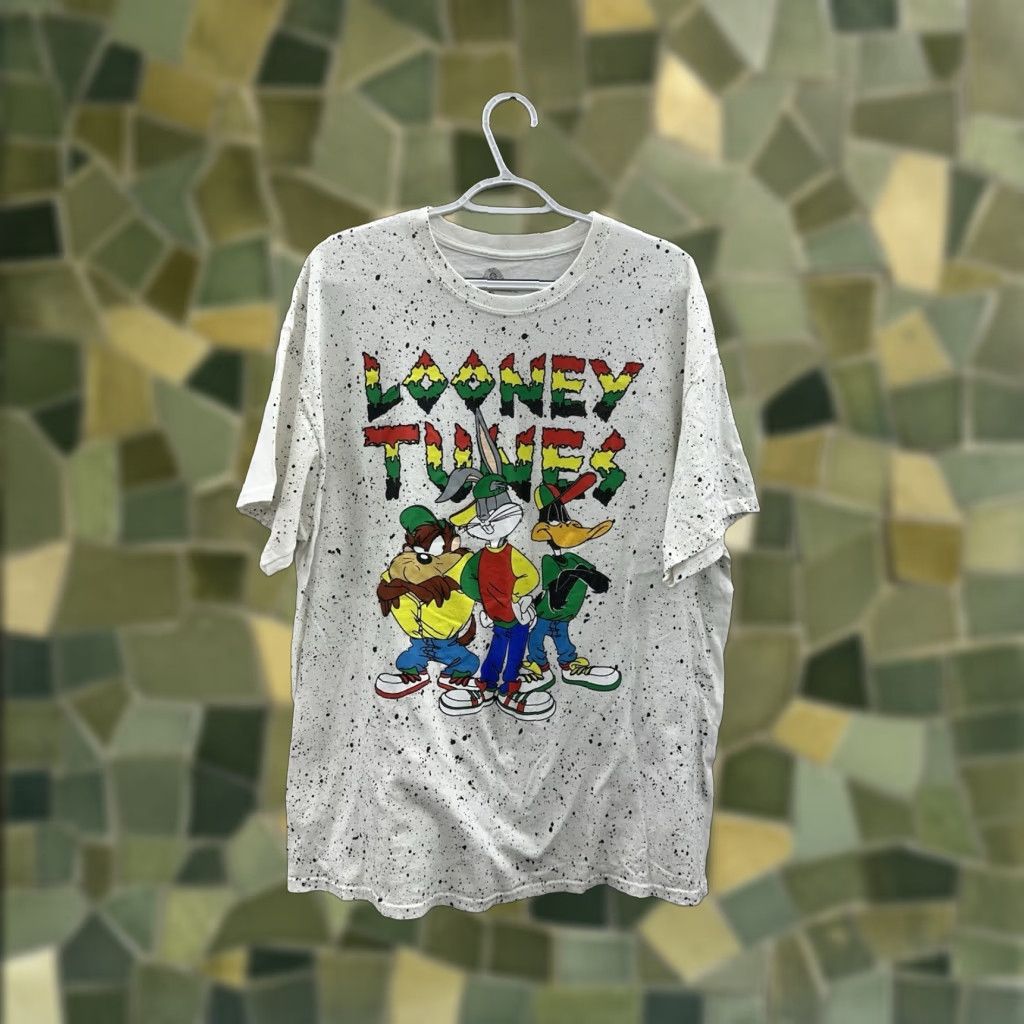 Vintage Warner Bros Looney Tunes T-Shirt Short Sleeve XL White Retro Rasta Black Splatter Bugs Bunny Daffy Duck Tasmania Devil Cartoon Classic Hip Hop Size US XL / EU 56 / 4 - 1 Thumbnail