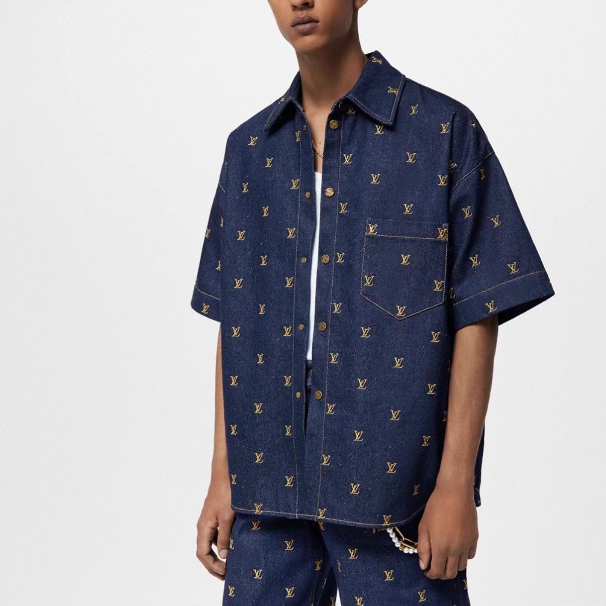 Louis Vuitton LV Pharrell 25 Gold Embroidered All-Over Denim Shirt Blue L Size US L / EU 52-54 / 3 - 6 Thumbnail