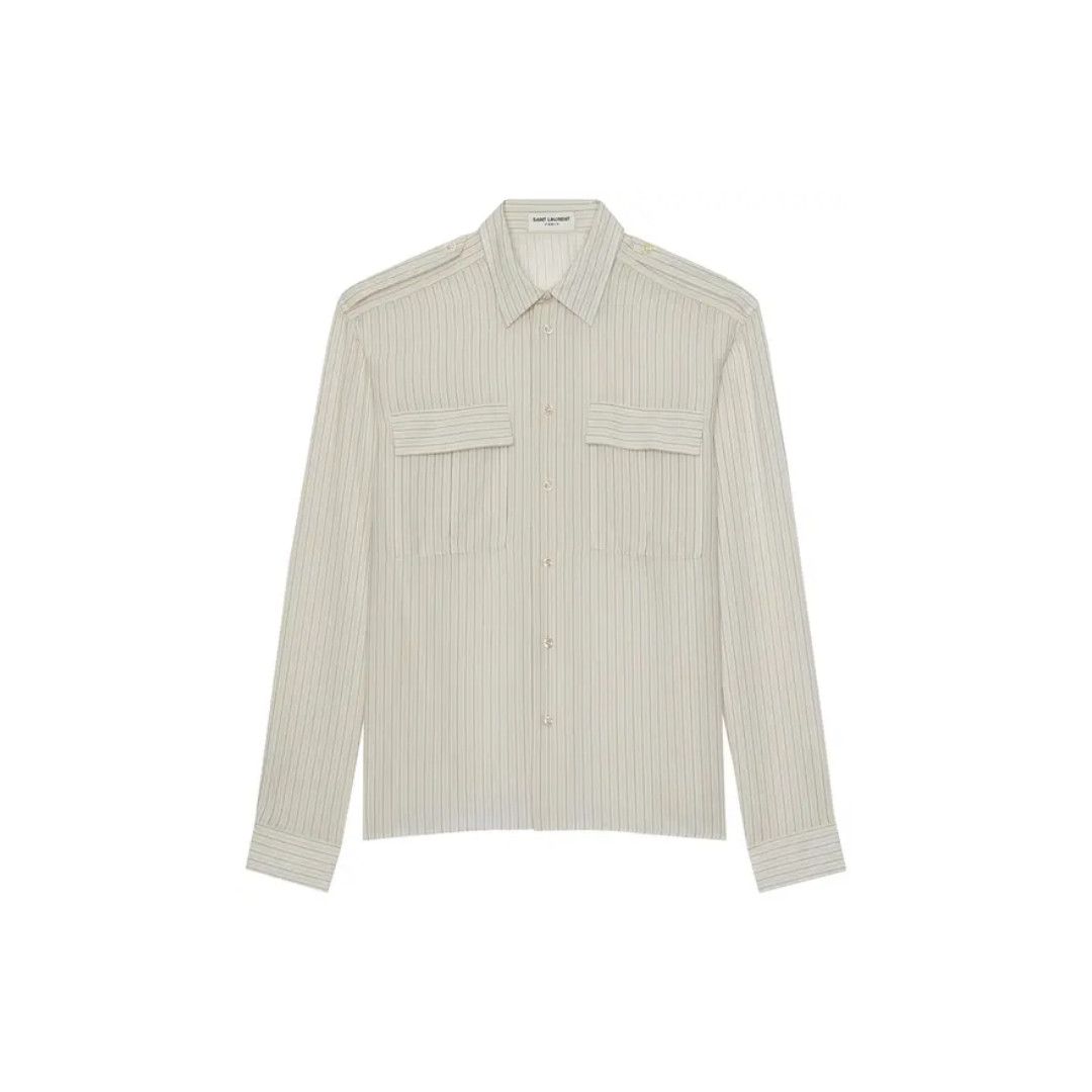 Saint Laurent Paris oc11z0126 773177 Shirt in Striped Silk Satin Beige Gris Noir Size US S / EU 44-46 / 1 - 1 Thumbnail