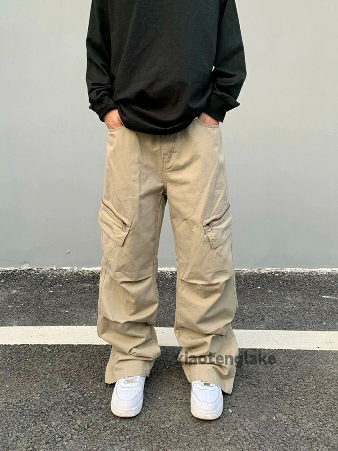 zipper utility pleated flared hiphop cargo pants