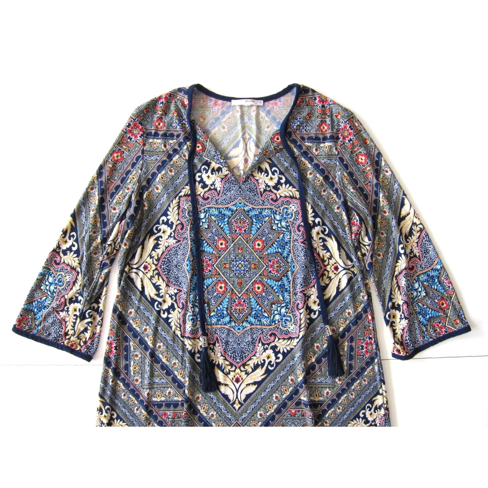 Vintage VINTAGE Studio One New York Blue Floral Paisley Long Sleeve Shift Tunic Dress Petite L Size L / US 10 / IT 46 - 5 Thumbnail